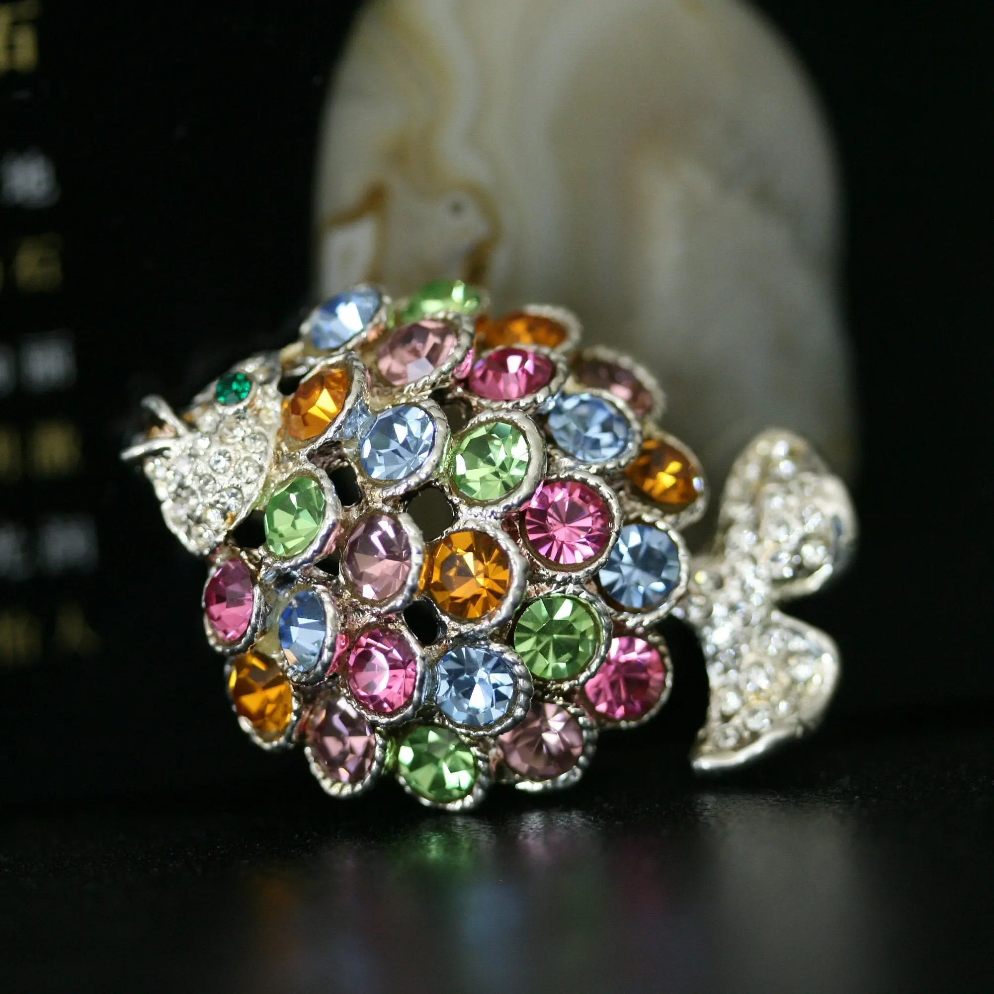 Women's Silver-Tone Koi Fish Brooch Pin - Gem-Craft Jewelry with Crystal Accents, Rhinestones, Emerald Green Rhinestone Eye, Pink Accents, 1.75in x 1.25in, Elegant Statement Accessory, Statement Pieces, Animal Collar Clip Accessory