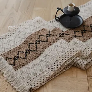 Elegant Boho Rectangular Table Runner, Vintage Linen Fringe Decorative Dustproof Mat, Christmas Home Wedding Festival Decoration