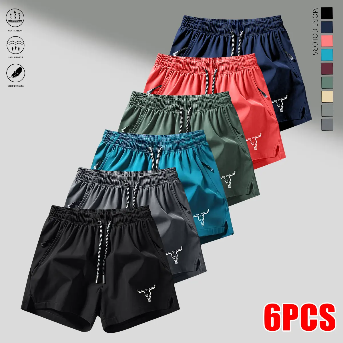 6-piece set, men’s athletic shorts featuring side pockets with zippers on the inner side, a drawstring waist for a close fit, and slightly stretchy fabric—suitable for running, fitness, and casual wear; summer shorts.