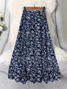 Plus Size Blue Floral High Waist Long Skirt, Loose Fit A-Line Design, Casual All-Season Wear, Women's Fashion Dress, Womenswear