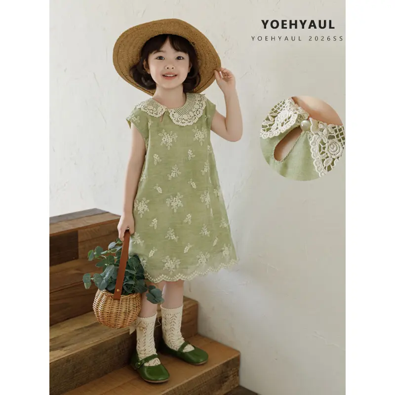 YOEHYAUL  Big Girl Embroidered Green New Chinese Style Summer Dress Collar Lace Lapel Soft Sleeveless Dress for Youth