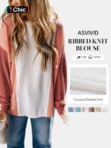 women's colorblock ribbed knit sweater, casual long sleeve crew neck jumper for fall & winter, fashion ladies' knitwear for daily wear