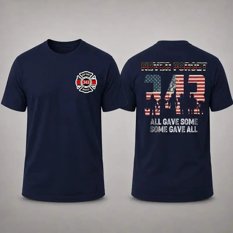 Men’s 343 Fallen Firefighters Memorial Short-Sleeve Graphic Print Tee - 9/11 First Responder Memorial Tribute, American Flag, 2001-2026, Fitted Cut, Soft Breathable Cotton, Multi-Size
