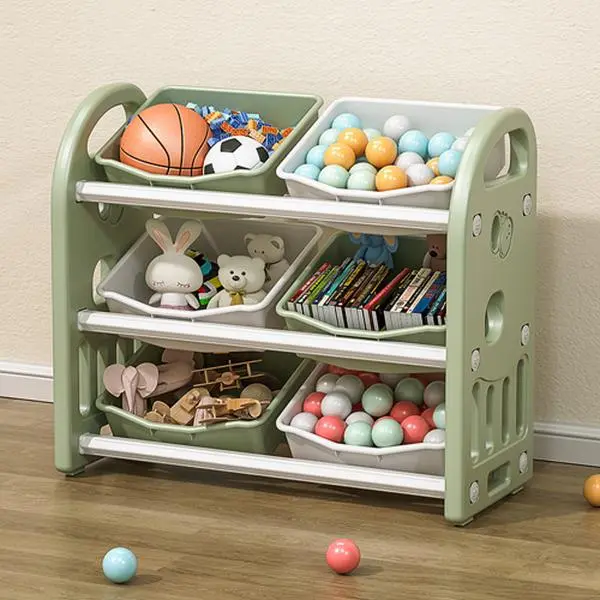 Montessori HDPE Safe 3-Layer Multi-Bin Cubby Shelf - 6-Bin, Stable, 9.26 lbs, Round Edges, Indoor Storage Rack, 30.31 x 11.81 x 27.56 inches, Assembly Required, Large Capacity for Playroom, Bedroom