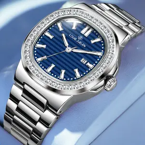 LOUIEJUELEN Men's Luxury Automatic Mechanical Watch – 42mm Diamond-Studded Case, Sapphire Crystal, Stainless Steel Bracelet, Waterproof & Shockproof, Luminous Dial, Elegant Timepiece for Business & Evening Events