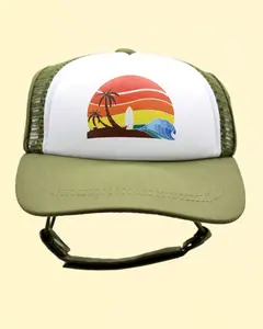 PupLid Island Sunset Dog Trucker Hat - Lightweight Breathable Design with Palm Trees & Surfboard Graphic DogAccessories