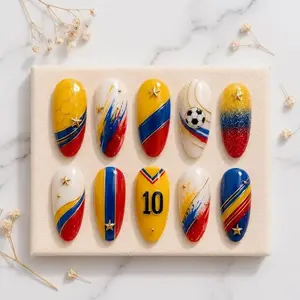 Colombia Soccer Press On Nails 3D Yellow Blue Red Flag Football
