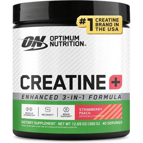 Optimum Nutrition Creatine Monohydrate Plus Powder, Strawberry Peach Flavored Creatine Performance Blend, with Electrolytes for Hydration, Added Vitamins, 40 Servings, 360 Grams (Packaging May Vary)