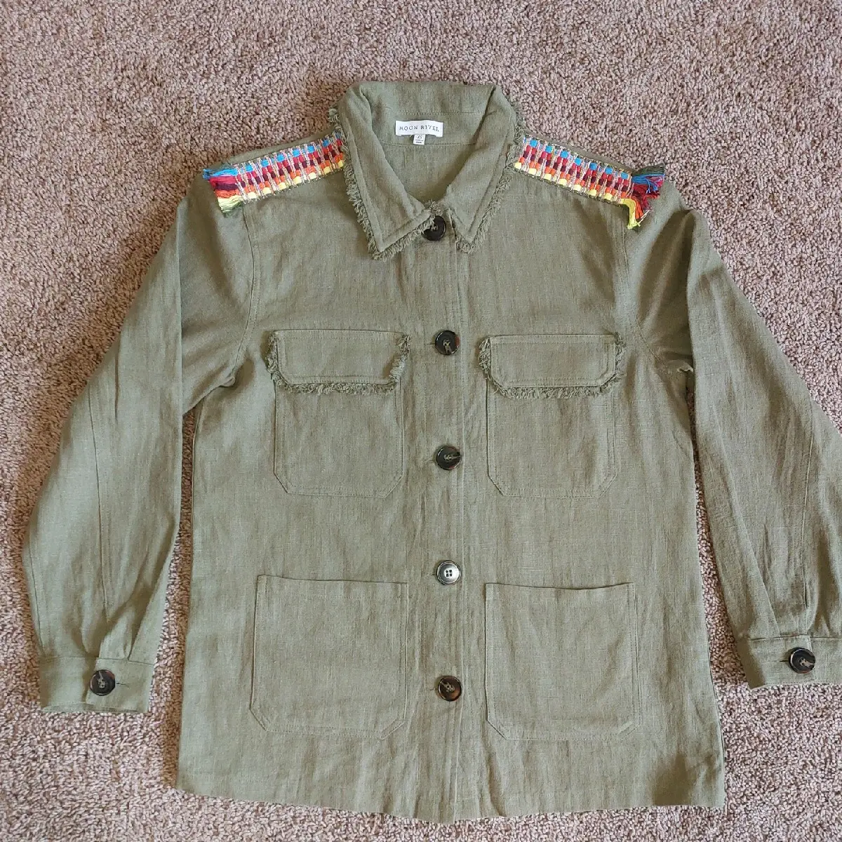Moon River Anthropologie Embroidered Utility Linen Jacket