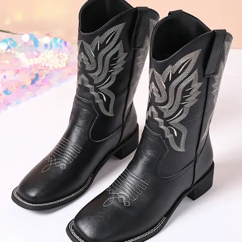 Women's Vintage Embroidered Western Cowboy Boots, Slip-On Square Toe Mid-Calf Boot, Ethnic Style Fashionable Riding Boots, Cowgirl Western Boots, Rodeo Western Boots