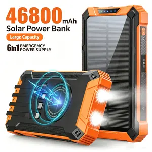 46800mAh Solar Charger Power Bank Wireless Charger Built in 4 Cables 6 Outputs, 15W Fast Charging Power Bank for All Mobile Devices with Dual Flashlights Rechargeable Battery Pack Durable Lithium Battery