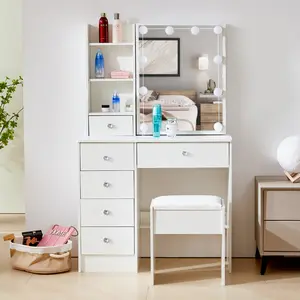 Vanity Set With Mirror and 10 LED Bulbs Dimmable Dressing Table with 6 Drawers Padded Stool and Makeup Desk White
