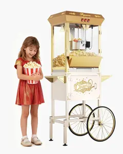 16oz Upgraded Commercial Popcorn Machine with Cart, Large Popcorn Machine Makes Up to 80 Cups, Movie Theater Pop Corn Machine with Easy-Rolling wheels & Stainless-Steel Kettle, Beige&Gold