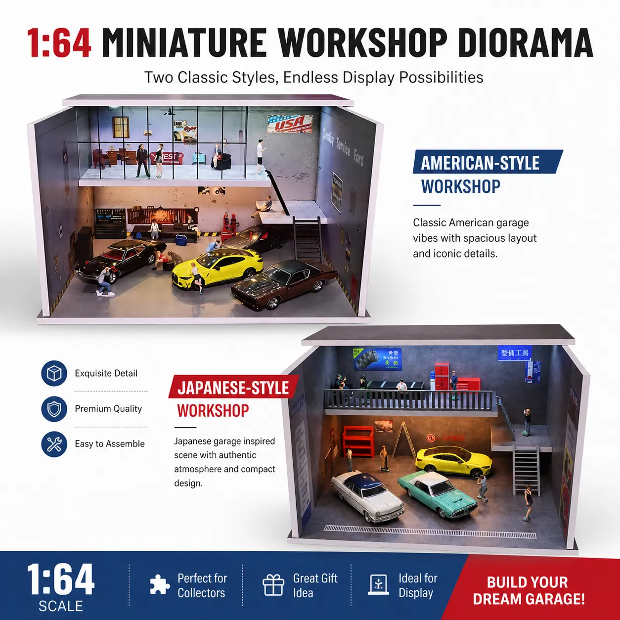 Diorama 1/64 Double Garage Repair Shop American Building Scene Models Service Workshop Diecast Car Collection Display 3 Lighting Colors Gift Car Enthusiasts