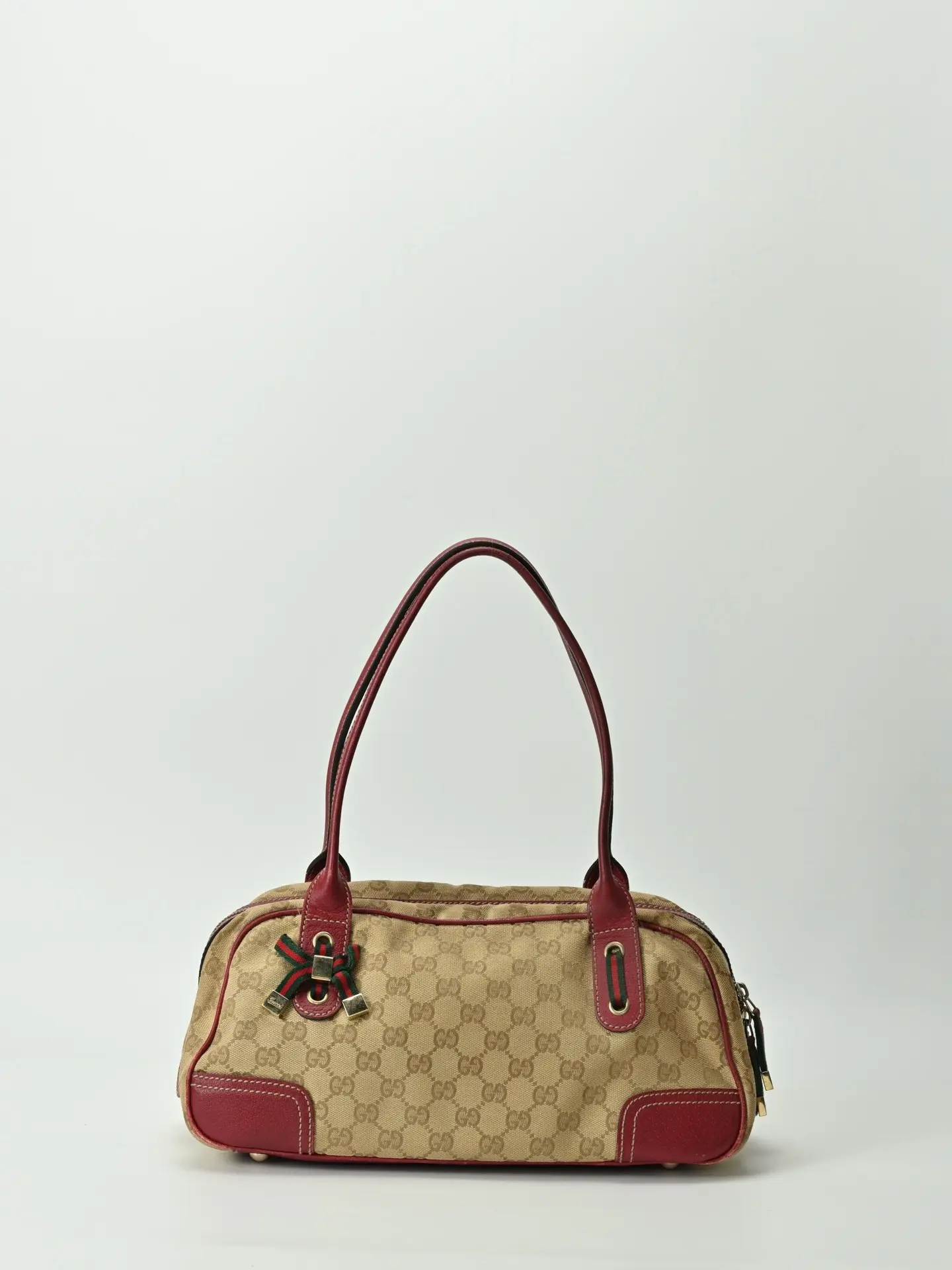 Pre-owned GUCCI Red and Beige Monogram Bowling Bag