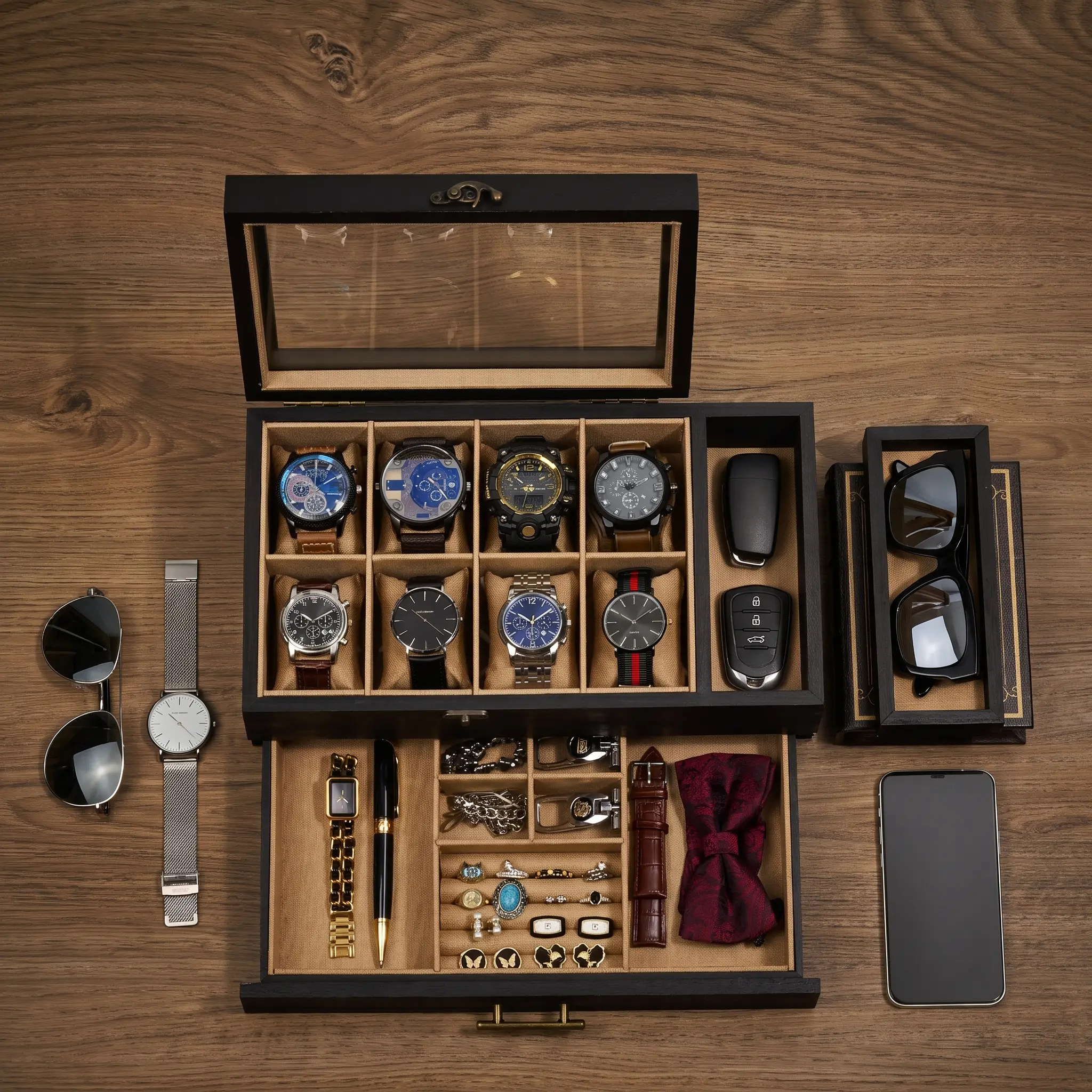 Somduy Watch Jewelry Box  8-Slot 2-Layer Watch Case and Sunglasses storage with Drawer, Glass Lid＆Valet Tray organizer , Room  Holder Display Case, Fathers Day Gift for Men