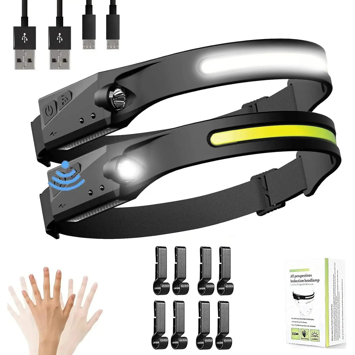 1200mAh Rechargeable Battery Headlamp Flashlight, Night Fishing Headlight for Buddy Adult Forehead Camping Outdoor Running, 350Lumens Led Headlamp 230 Wide Beam Adjustable Headband, Wave Motion Sensor