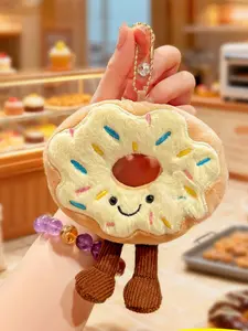 Cute Kawaii Plush Donut Keychain, Cartoon Smiling Face Soft Stuffed Dessert with Dangling Legs Beaded Chain, Durable Anti-Lost Key Holder Bag Charm for Women Girls Kids Teens Backpack Purse Car Keys Birthday Gift Party Favors