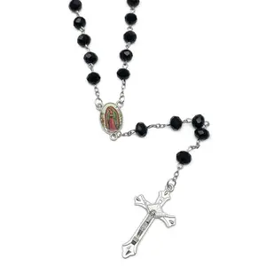 Crystal Beads Catholic Rosary Crucifix Necklace, Our Lady of Gudalupe (Black) Collar Crucifijo Rosario Católico Cuentas de Nuestra senora de Gualdalupe (Negro)
