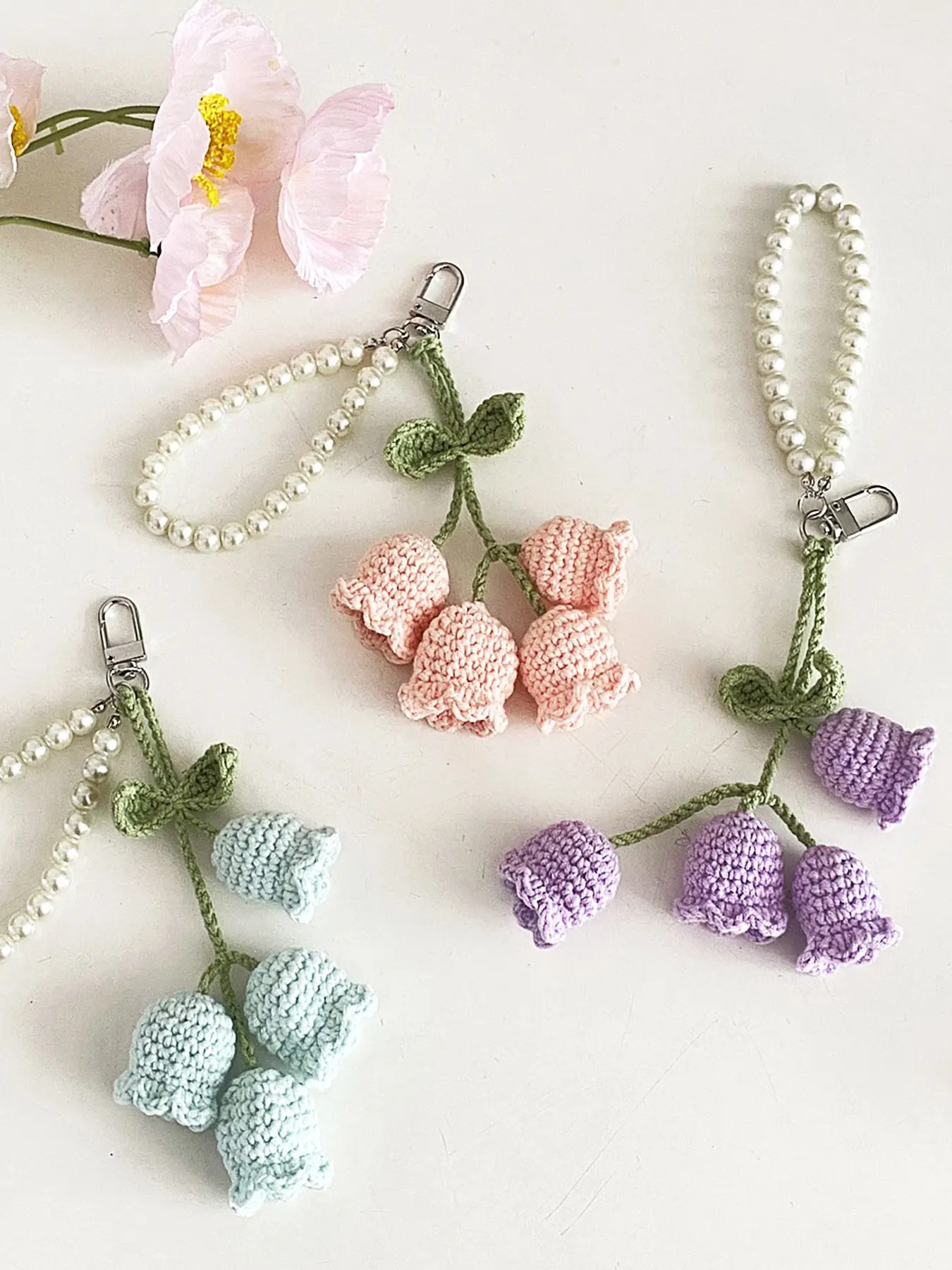 Elegant Pearl Chain Keychain, Handcrafted Knitted Valley Lily Design, Bohemian Style Backpack Accessory, Perfect Birthday Gift