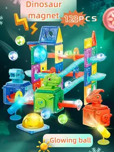 123 PCS-Marble Track Dinosaur Toy Set, Magnetic Stackable Building Pipe Construction Toy with Glowing Balls,STEM Educational Building Blocks Development Kit, Suitable for Boys and Girls, Perfect for Christmas, Halloween, and Birthday Gifts