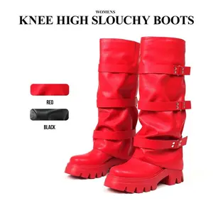 CYNLLIO Knee High Boots Women Slouchy Fold Over Platform Boots Chunky High Heels Long Ruched Boots Gothic Buckle Round Toe Dress Spring Tall Boots for Women