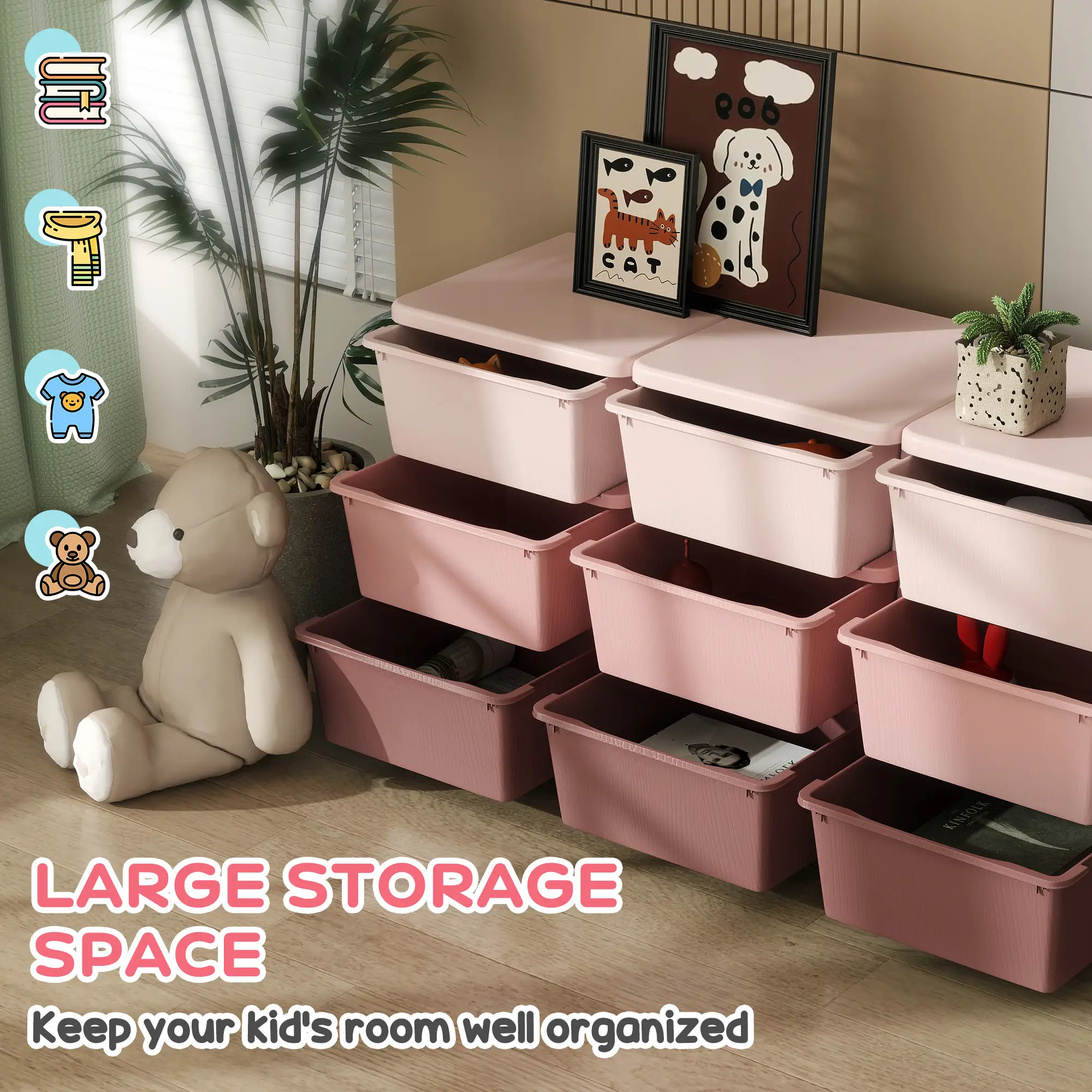 Qaba 3 Tier Kids Storage Unit with 3-9 Drawers Chest Toy Organizer Plastic Bins for Kids Bedroom Nursery Living Room for Boys Girls Toddlers