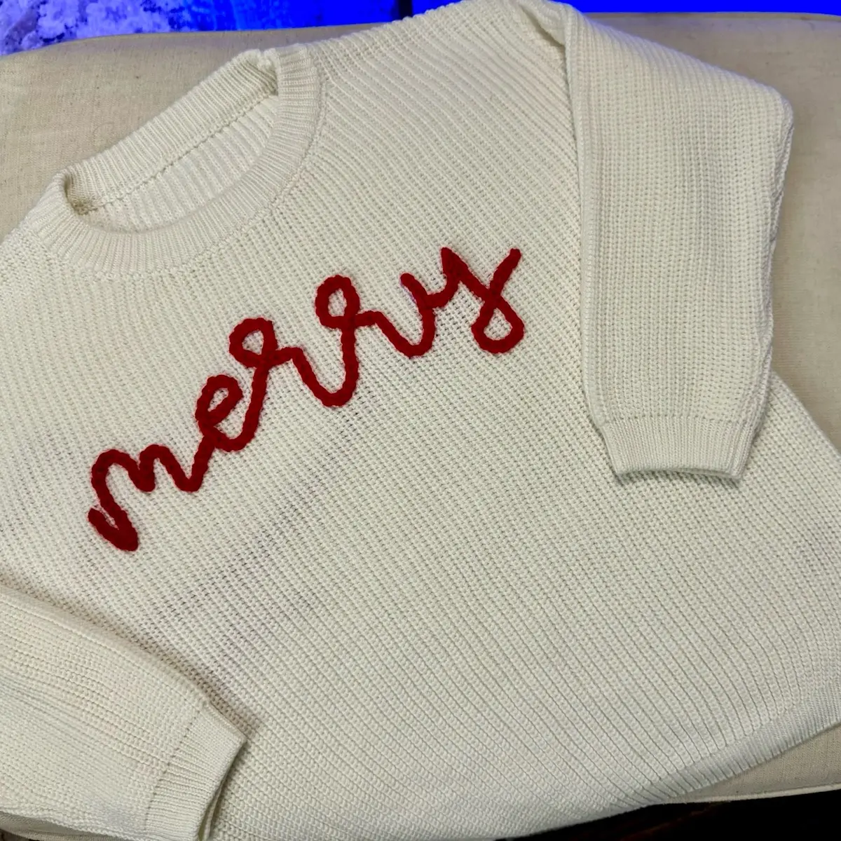 Hand Embroidered Merry Christmas Sweater White Crew Neck