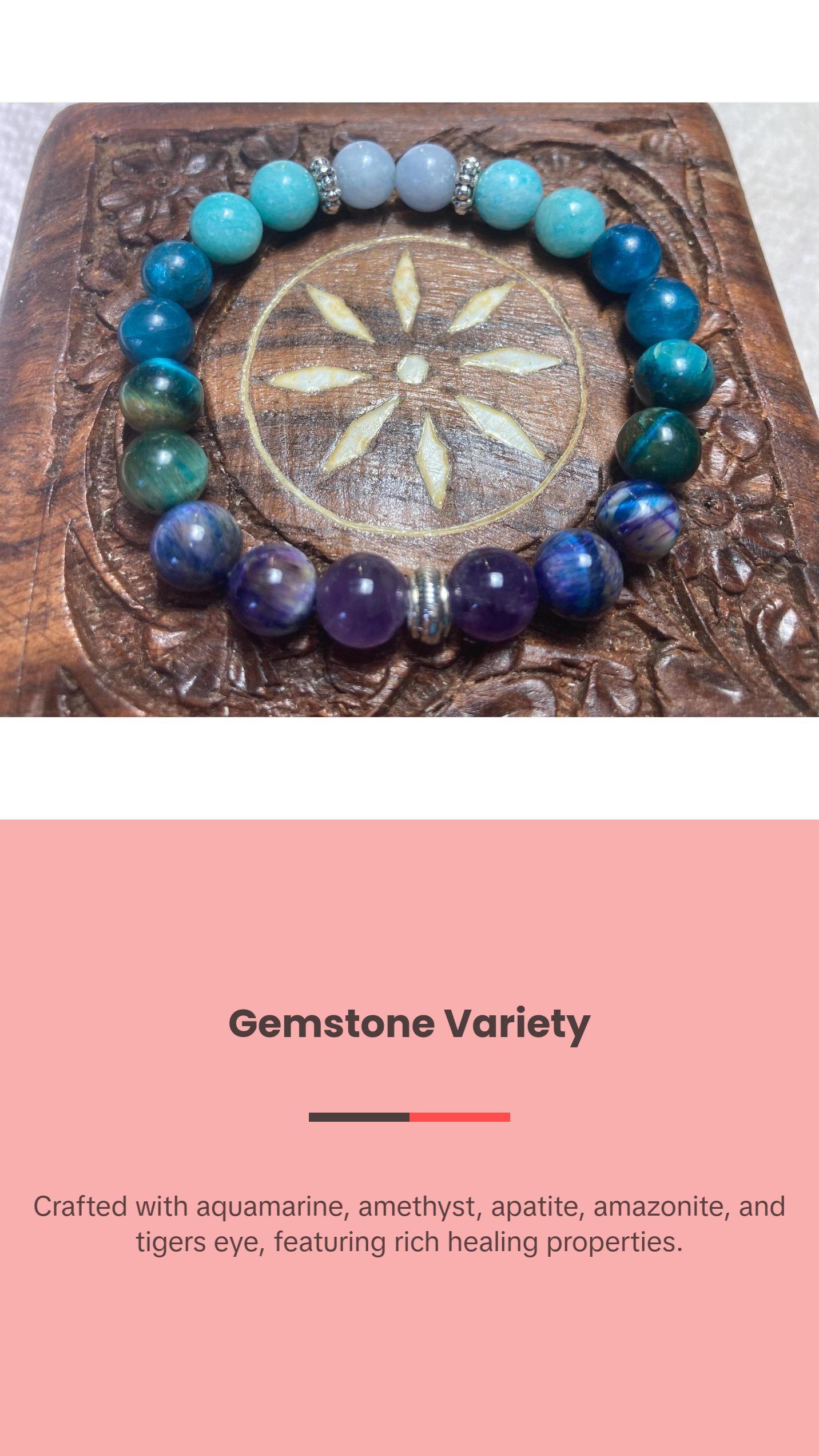 Chill Out Bracelet - Calming - Relaxing energy - Crystal Healing Jewelry - Aquamarine - Amethyst - Apatite - Amazonite - Tigers eye Crystal Gemstone