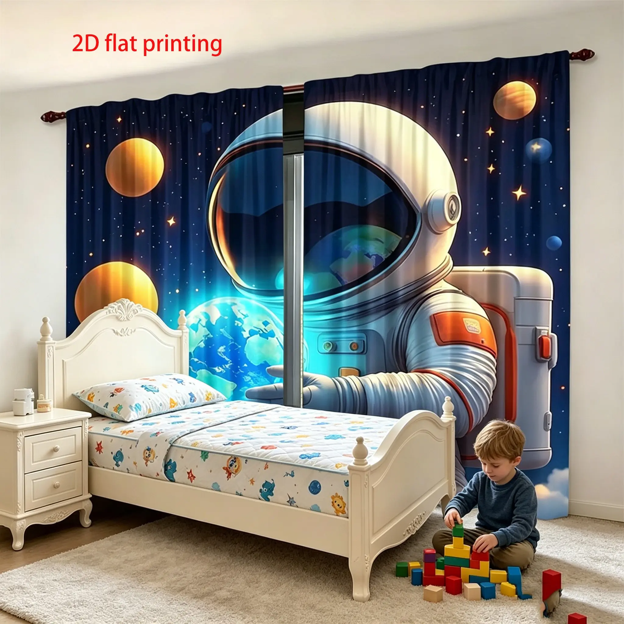 2-piece set of astronaut printed Window Curtains for space planets, made of semi transparent polyester fiber and polyester material, with pole bag design, suitable for bedroom, living room, dining room decoration, and year-round home decoration