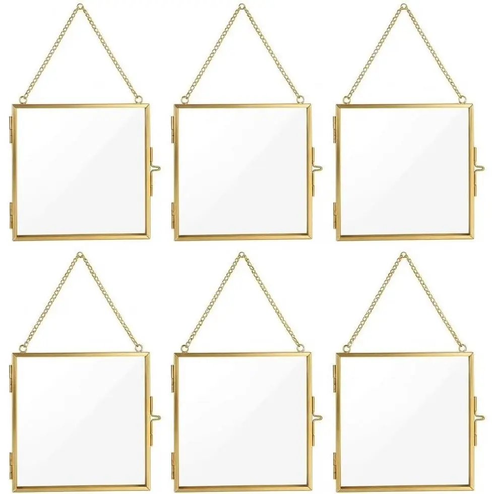 6-Pack 3x3 in Brass Metal Golden Dual Glass Pressed Flower Floating Photo Frames - Stylish Nature Decor with Metal Chain, Horizontal/Vertical Use, Ideal Anniversary Gift for Dried Flowers, Artwork Display