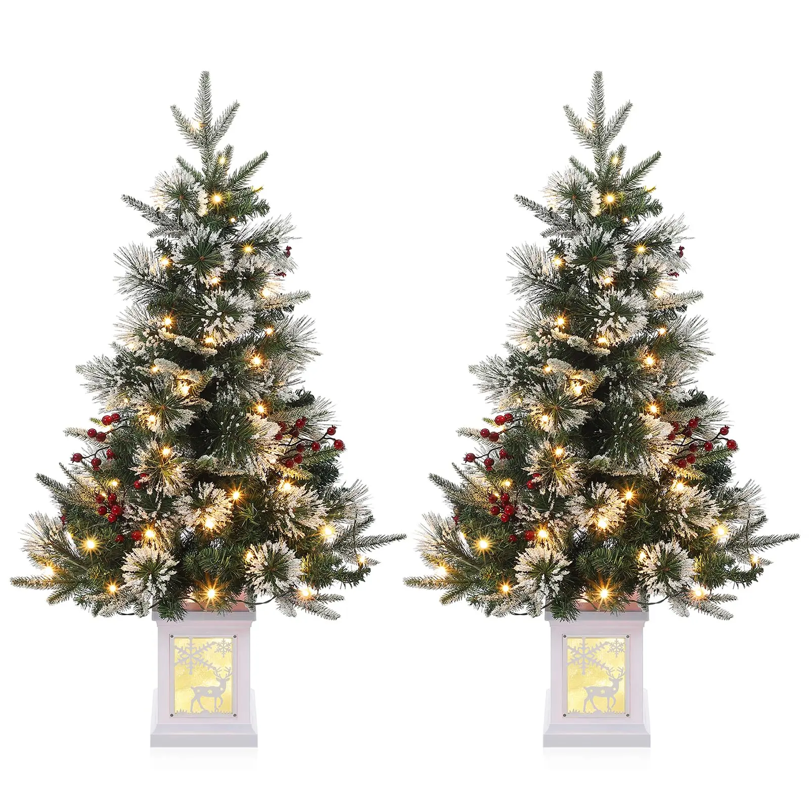 3FT Pre-Lit Christmas Tree, Artificial Xmas Tree with 78 Warm White LEDs, 8 Lighting Modes, Timer & Lightbox Base – Snow Flocked Decor for Home, Office, Tabletop, Set of 2