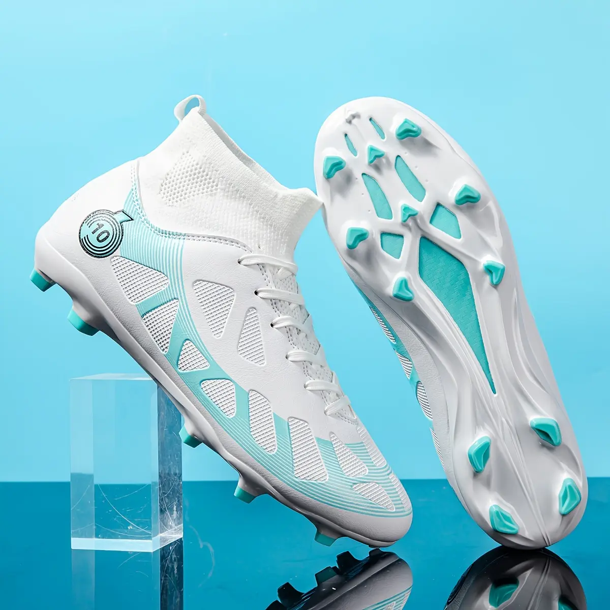 Men's Professional Soccer Cleats with Long Studs - High-Top Breathable PU & TPU Football Shoes for Outdoor Training and Matches, White & Teal Design