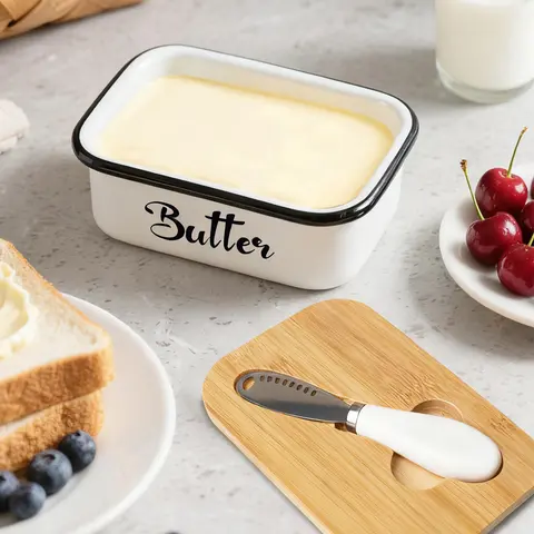 Luxury Large Ceramic Butter Dish Set with Lid - High-Quality Silicone Sealing Canister, Easy-to-Clean Countertop Utensils Keeper with Knives, Ideal Kitchen Gift for Butter Lovers