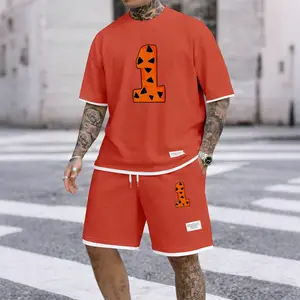 Men's Casual Style Number “1” Print Waffle Fabric Short-Sleeved Shirt And Shorts Set