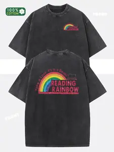 Women'S Retro Print Washed T-Shirt | 230g Thick, Crew Neck, Short Sleeve, Retro Street Style, Machine Washable, Perfect for Spring/Summer Casual Wear, Loose Fit