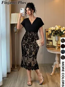 【Plus Size】 Solid V Neck A Line Dress, Elegant Bishop Sleeve Dress for Party Holiday Wedding Guest, Women's Clothes for Spring & Fall