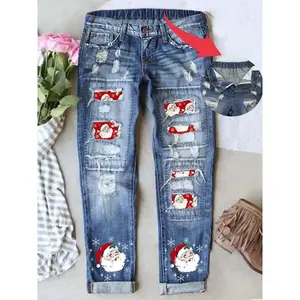 Women's Christmas printed denim embroidered jeans Christmas party outfit casual fit style elastic waistband comfortable breathable fabric perfect fit pantsRAIMENTRY
