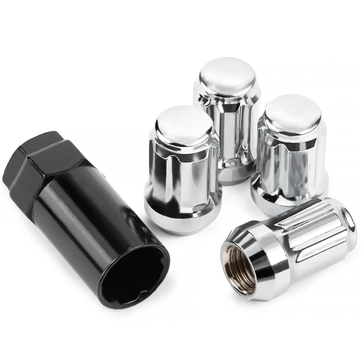 M12x1.5 Wheel Locks Chrome with Key, 12x1.5 Wheel Locks 1.37 inch Length with 1 Key 60 Degree Conical/Cone Bulge Seat Closed End 4PCS