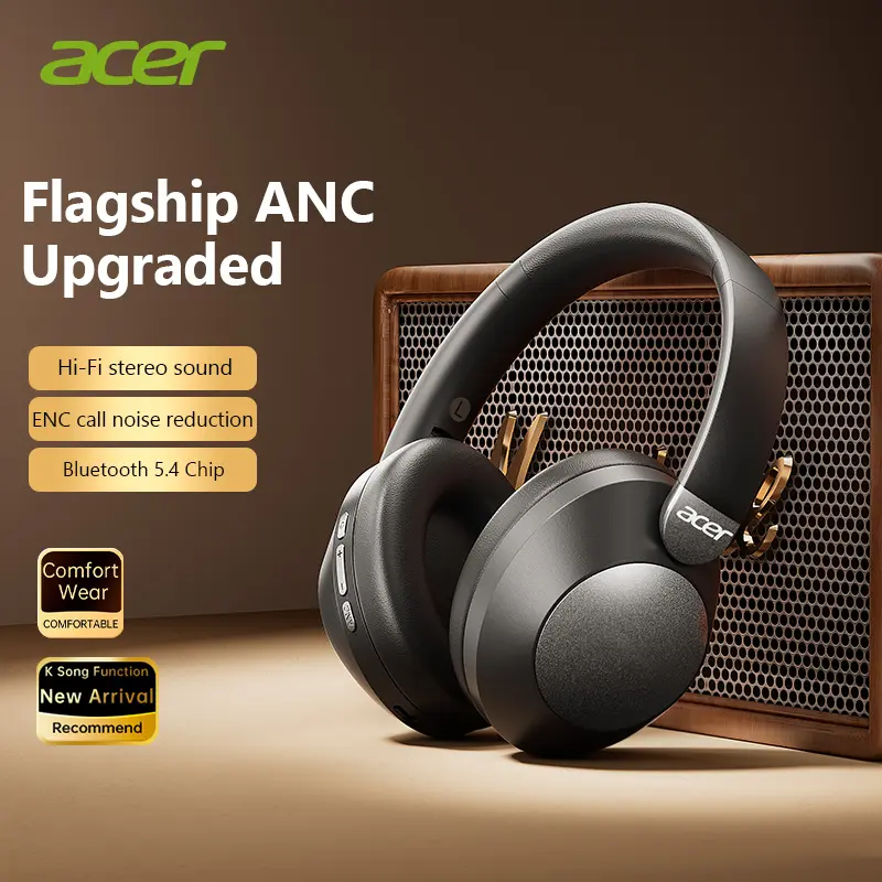 Acer OHR667 Over-Ear Wireless Bluetooth Headset - Electronic Audio Device with Basic ANC, 48-Hour Playtime, Hybrid Noise Cancelling, Hi-Fi Sound, Foldable Design, Soft Ear Cushions, Built-In Mic, iOS & Android Compatible