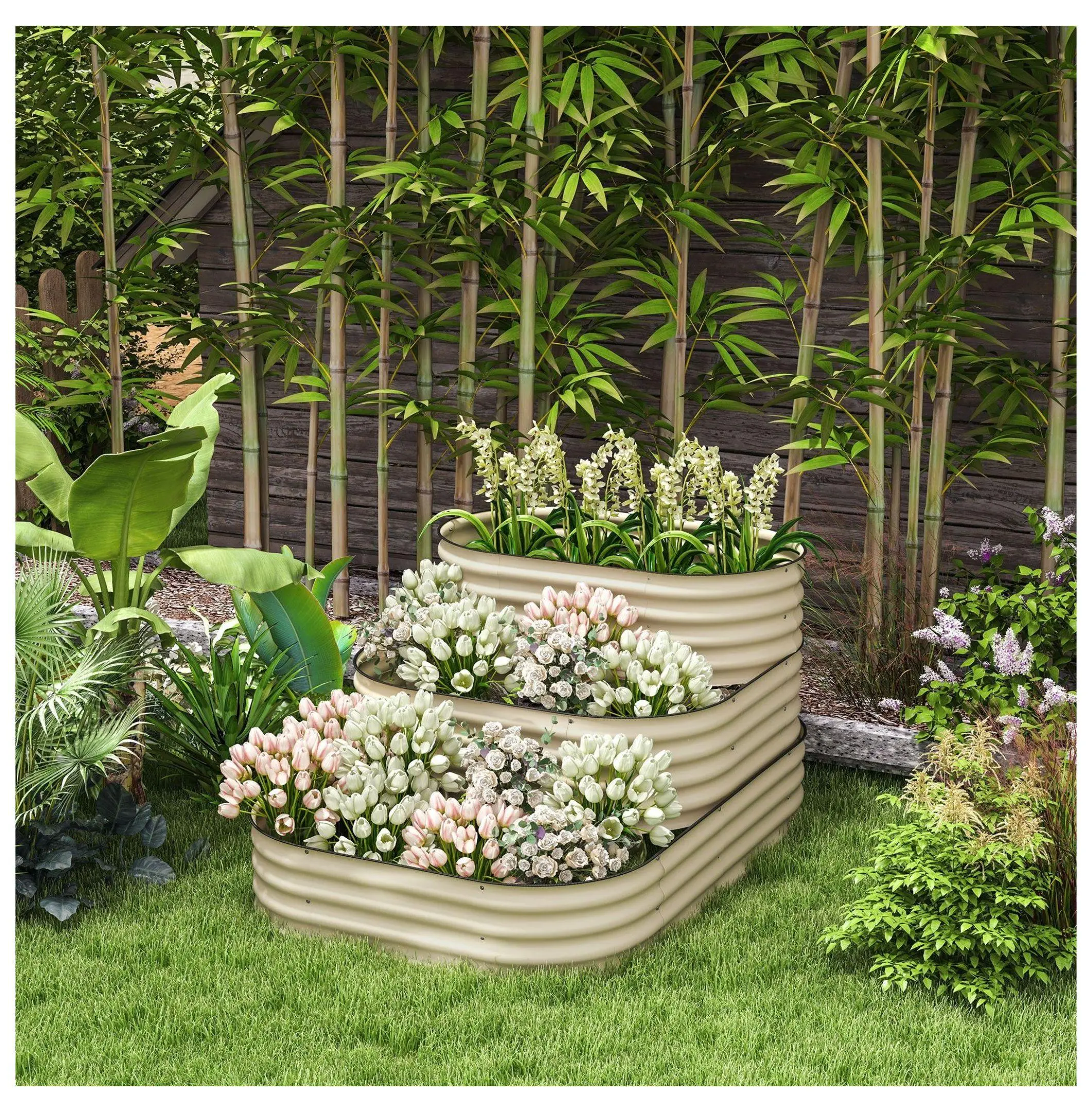 Raised Garden Bed 3-Tier Metal Planter, Cream - 62.25" x 43" x 32.25", Open Bottom Vegetable Flower Planters, Stair Step Garden Default Title