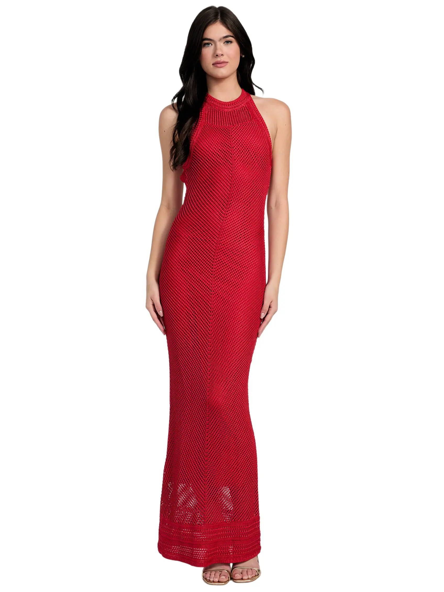 guess red maxi dress Guess Womens S Engine Red Maddie Keyhole Long Sleeve Side Slit Dress NWT  AX61