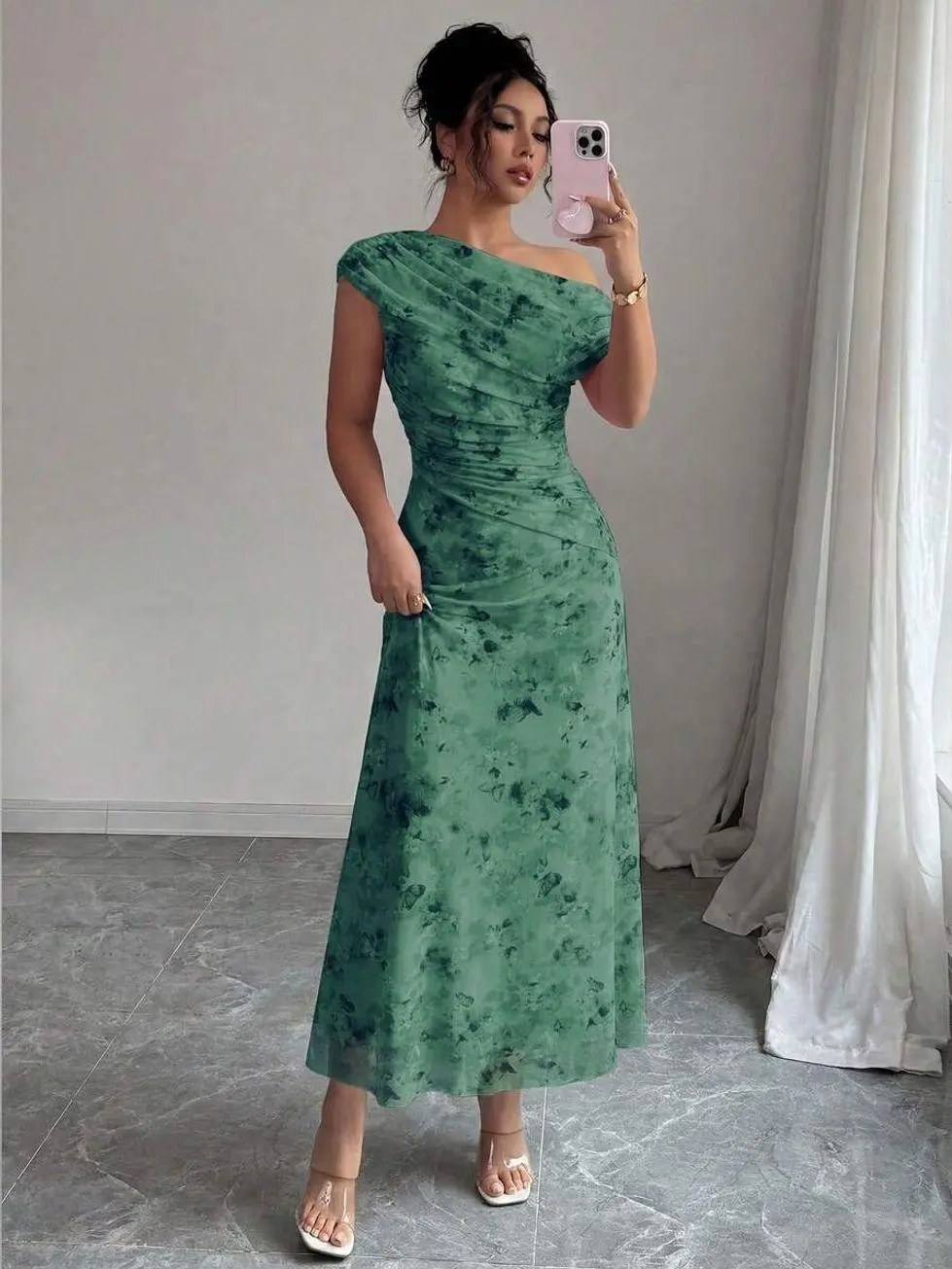 Women's Mesh Asymmetric Ruched Hem Elegant Romantic French Style Dress Wedding Party Christening White Summer Homecoming Dress