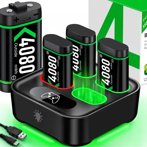 BEBONCOOL Plastic Portable Fast-Charging Controller Charging Station with 4x4080mWh Rechargeable Batteries, LED Light & Light Switch for Xbox Series X|S, 1 S|X|Elite Controllers - Game Peripherals, Console Accessories