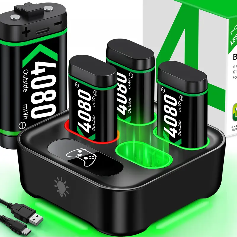 BEBONCOOL Plastic Portable Fast-Charging Controller Charging Station with 4x4080mWh Rechargeable Batteries, LED Light & Light Switch for Xbox Series X|S, 1 S|X|Elite Controllers - Game Peripherals, Console Accessories