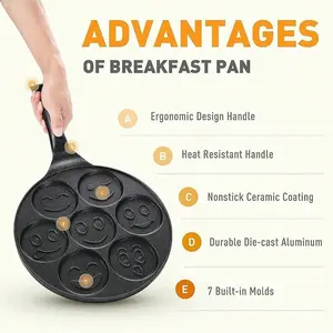 1pc Smiling Face Design 7-Hole Non-Stick Pancake, Egg Cooker Pan, Cooking Molds, Cookware, Kitchen Appliances Oven Aluminium