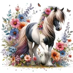 Watercolor Style Horse Among Flowers With Butterflies And Birds Art Painting Diamond Painting 5D DIY Diamond Painting Kit, Diy Kits, Full Drill Square Round Diamonds Embroidery Cross Stitch Art Craft, Home Wall Decor Gift Room Painting Set