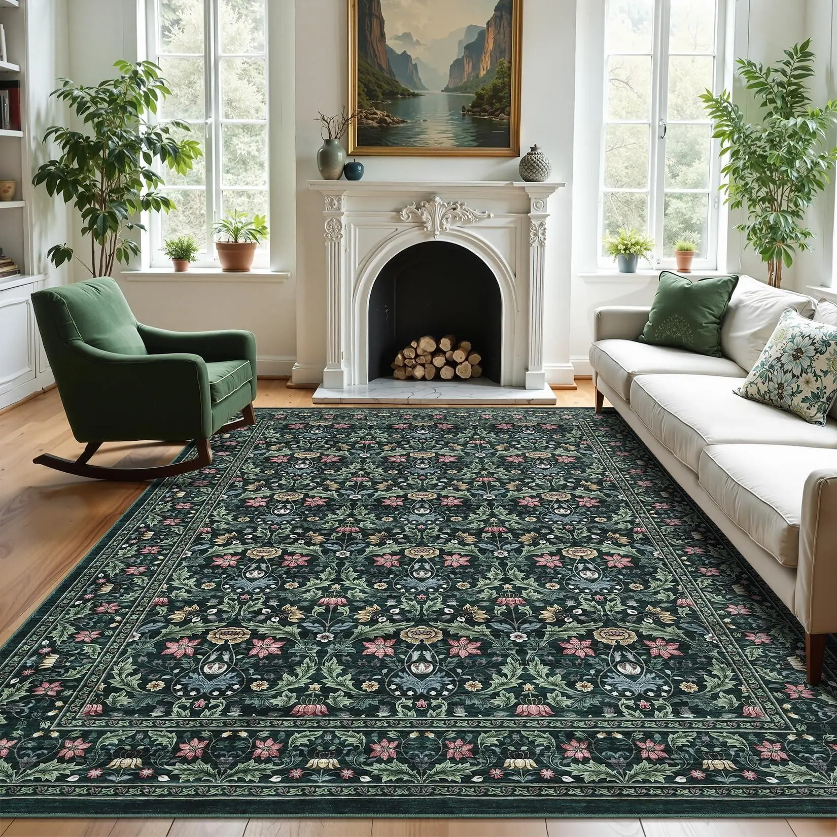 Rectangular Low Pile Oriental Print Area Rug - 5x7 Washable, Non-Slip, Stain Resistant Soft Carpet for Living Room, Bedroom, Vintage Floral Home Decor (Green)
