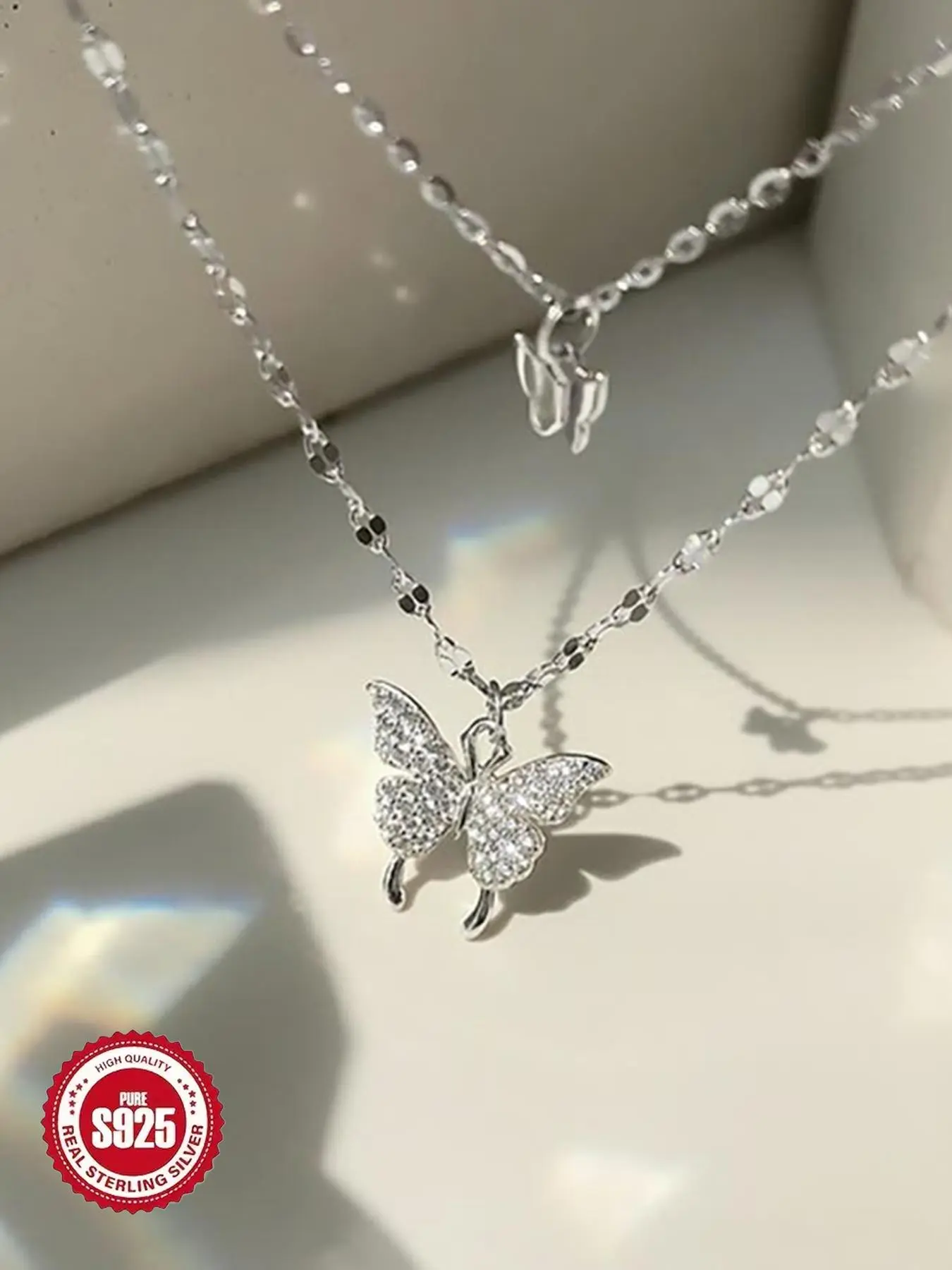 S925 Sterling Silver Butterfly Design Necklace, Pendant with Necklace, Double Layer Necklace with Zircon Decor, Fashion Jewelry Accessories for Women As Gift