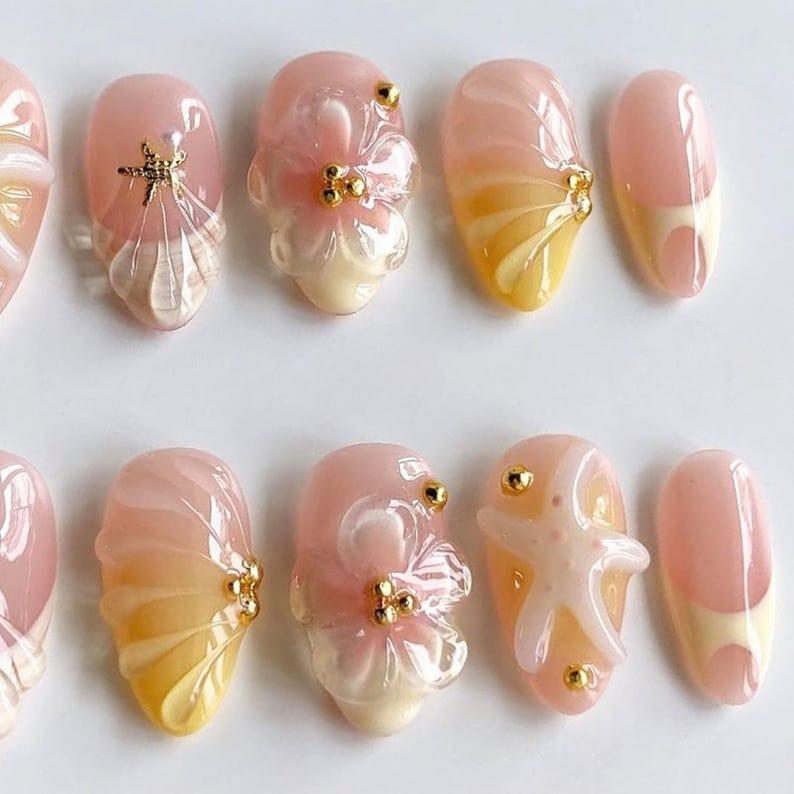 3D Flower FreeStyle Medium Almond Press On Nails, 3d Nail Designs, Custom Press On Nails, 3d Nails Ideas, 3d Flower Nail Designs